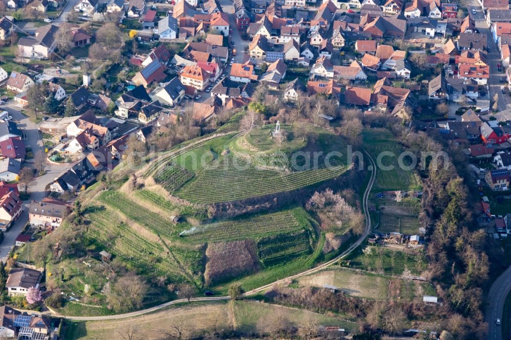Teningen from above - Monument instead of the former fortress on a hill in the district Nimburg in Teningen in the state Baden-Wurttemberg, Germany