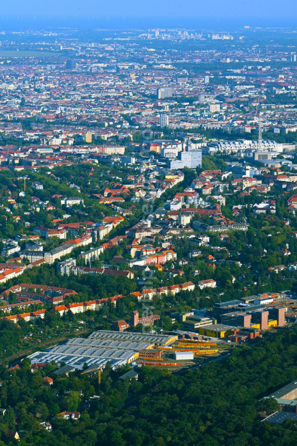 Berlin from above - Depot of the depot of the BVG on the street Machandelweg in the district Charlottenburg in Berlin, Germany