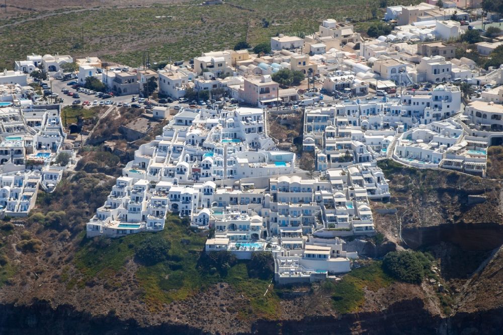 Aerial image Santorin - View of the main island of Thira, on the West coast of the archipelago of Santorini in Greece