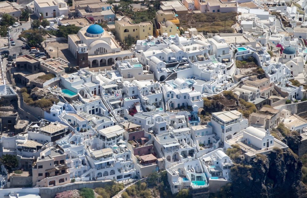 Santorin from above - View of the main island of Thira, on the West coast of the archipelago of Santorini in Greece