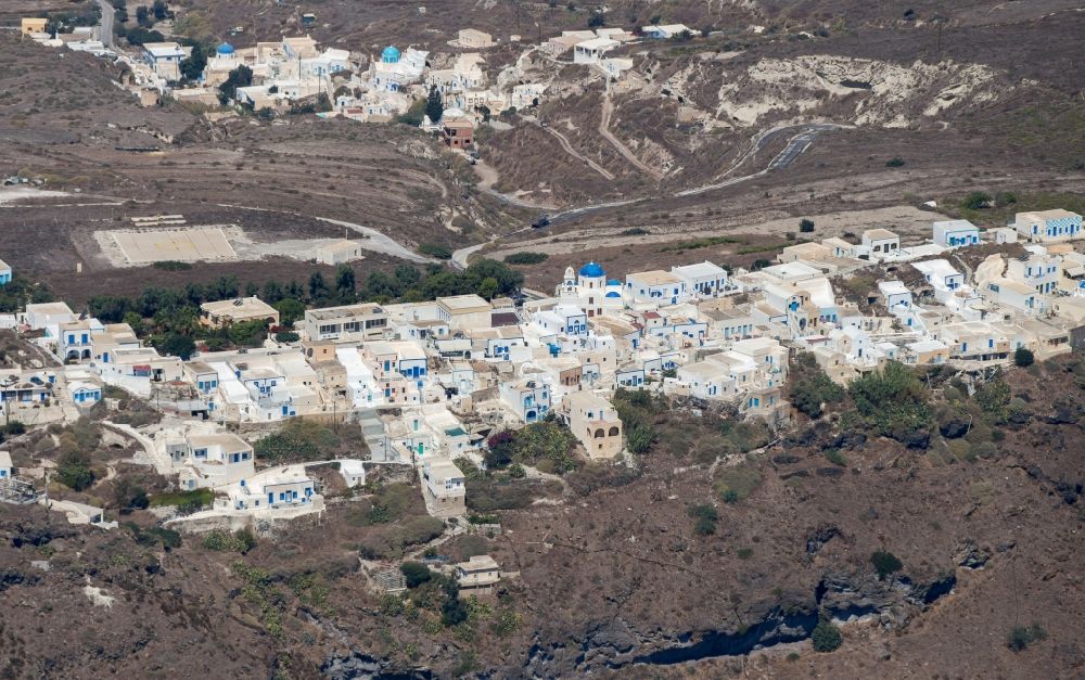 Santorin from above - View of the main island of Thira, on the West coast of the archipelago of Santorini in Greece