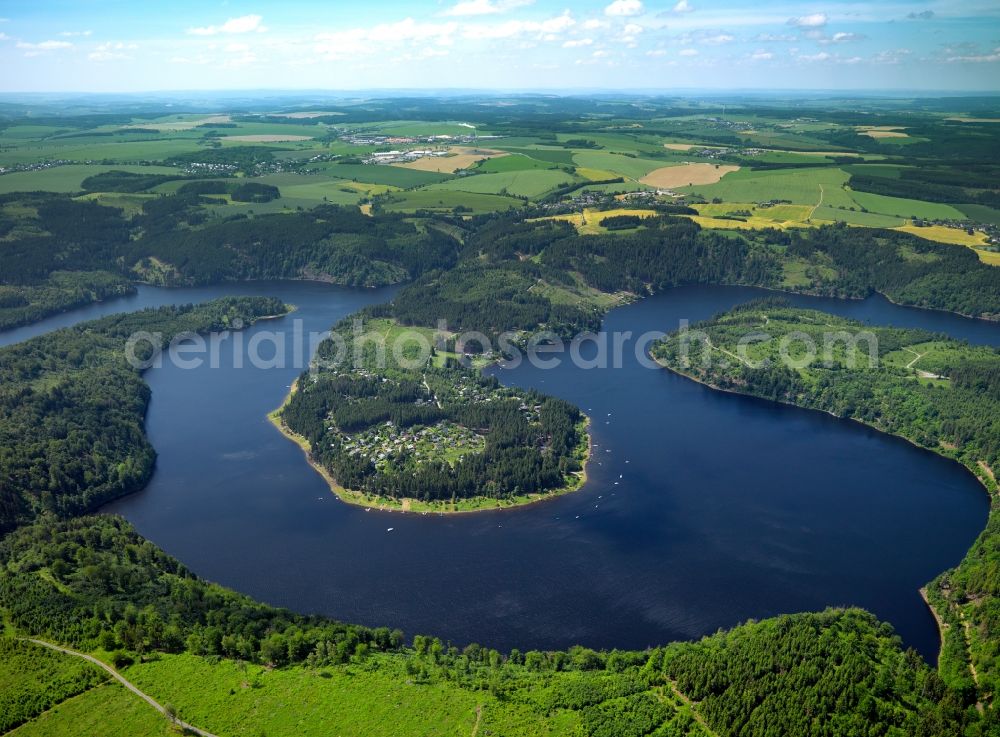 Aerial image Saalburg-Ebersdorf - The barrage fixe and artificial lake Bleilochstausee in Saalburg-Ebersdorf in the state of Thuringia. The lake is the largest barrier lake of Germany in is characterised by various peninsulas. The dam is located on the river Saale. Originally the area was used for lead mining. Today it is a beloved watersports and tourism site with ships and ferries going across the lake
