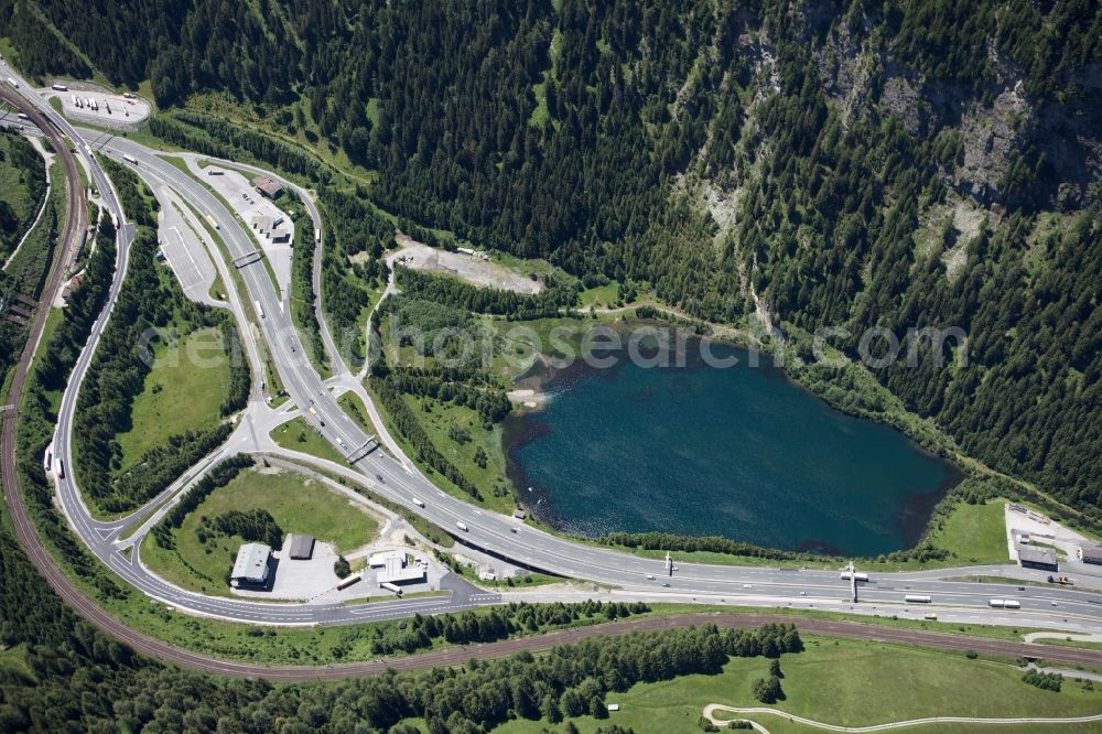 Gries am Brenner from the bird's eye view: The Brennersee near the village Gries Brenner in Tirol in Oesterreich. The Brenner highway is between the mountains of the Alps. It goes from Germany to Italy straight through Austria