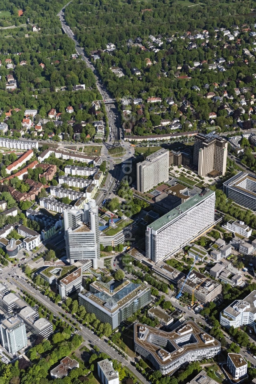 Aerial image München - Tower of HVB - UniCredit Bank and the Sheraton Munich Arabellapark Hotel in Bogenhausen district of Munich in Bavaria