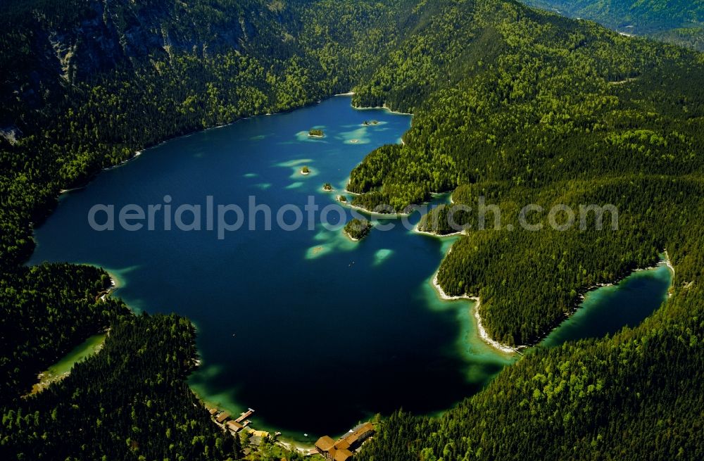 Aerial image Grainau - The lake Eibsee in the community of Grainau in the state of Bavaria. The lake is - due to its location below Zugspitze and its clear, green water - considered one of the most beautiful lakes in the Bavarian Alps. It is Wolfgang Gerberely owned and renowned as fishing spot