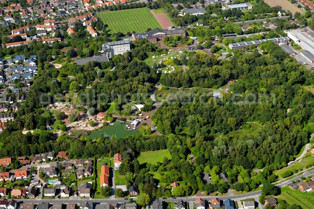Hamm from above - The Maximilianpark in the city district of Hamm-Uentrop in Hamm in the state of Northrhine-Westphalia. It is located on the site of the former mine Maximilian and exists since 1984. Its landmark is the glass elephant, a 40m high sculpture. The park is used as an event location and concert site, it includes a butterfly house, a children's area and a lake