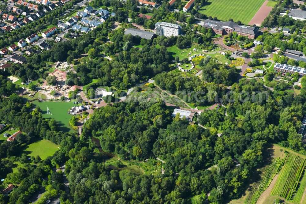 Hamm from the bird's eye view: The Maximilianpark in the city district of Hamm-Uentrop in Hamm in the state of Northrhine-Westphalia. It is located on the site of the former mine Maximilian and exists since 1984. Its landmark is the glass elephant, a 40m high sculpture. The park is used as an event location and concert site, it includes a butterfly house, a children's area and a lake