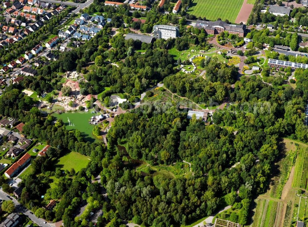 Aerial image Hamm - The Maximilianpark in the city district of Hamm-Uentrop in Hamm in the state of Northrhine-Westphalia. It is located on the site of the former mine Maximilian and exists since 1984. Its landmark is the glass elephant, a 40m high sculpture. The park is used as an event location and concert site, it includes a butterfly house, a children's area and a lake