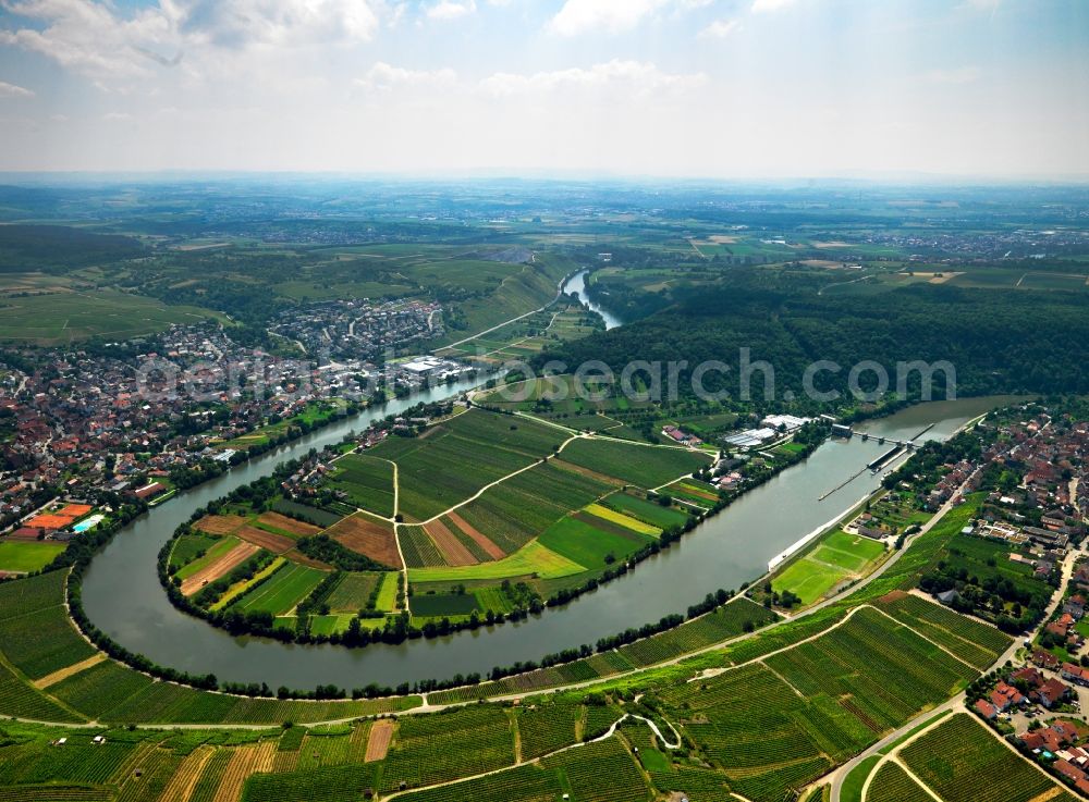 Mundelsheim from above - The run of the river Neckar at Mundelsheim in the county district of Ludwigsburg in the state of Baden-Württemberg. The river takes a horseshoe bend between vineyards. Its run from South to North and South again encloses the forest of Neckarhalde and some fields