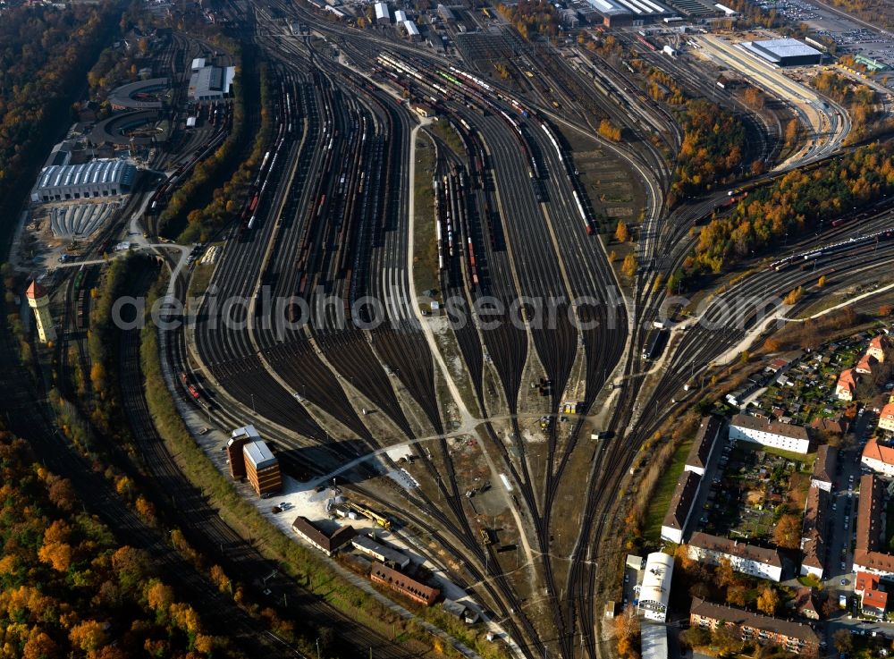Aerial photograph Nürnberg - The switch yard in the South of Nuremberg in the state of Bavaria. The gravity marshalling yard is the largest in the world that is still in use. It was built in 1903 and modernized in the 1980s. The railway station includes some special solutions and technology only to be found here. For example the gravity classification yard, the railways and the deflectors
