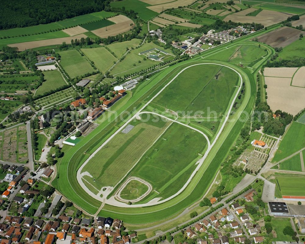 Iffezheim from the bird's eye view: The horse race track of the borough of Iffezheim in the state of Baden-Wuerttemberg. The race track is the site of various horse races and meetings such as the Grand Price of Baden. The track was built in 1858. Apart from racing events, the site is also used for concerts