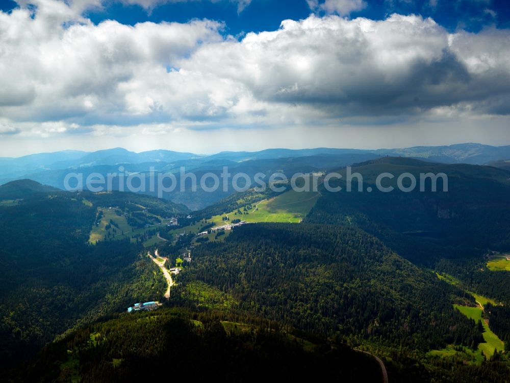 Aerial image Münstertal - The Black Forest in the county of Münstertal in the state of Baden-Württemberg. The valley starts in the Breisgau region and leads up to the mountains of the Forest. The Black Forest is Germany's highest and largest connected low mountain range, located in the Sout West of the state of Baden-Württemberg. Today, it is mostly significant for its tourims sites and regions