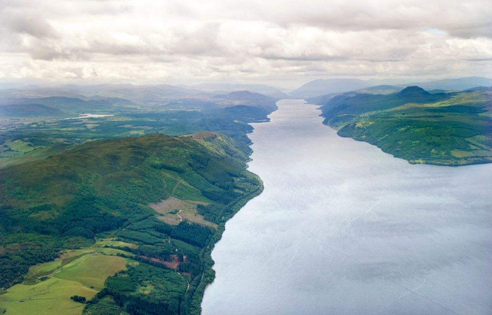 INVERNESS from above - The lake Loch Ness near Inverness in the Highlands / Highlands of Scotland is part of the Great Glen chain of lakes in United Kindom