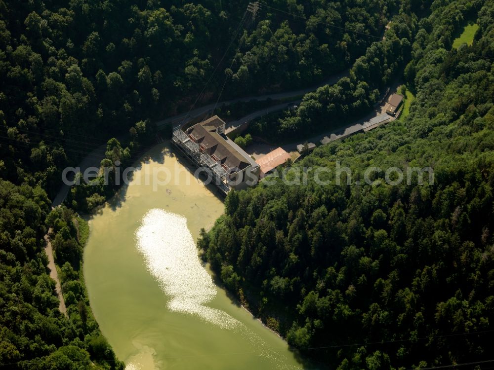Witznau from the bird's eye view: The barrier lake Witznau in the community of Ühlingen-Birkendorf in the state of Baden-Württemberg. The barrier lake and valley lock is a pump accumulator lake in the Schwarza valley in the Black Forest. It is the lower pool of the pumped storage hydro power station of the Schluchseewerk AG between the lake Schluchsee and the river Rhine. The upper pool is formed by the barrier lake Schwarzabruck