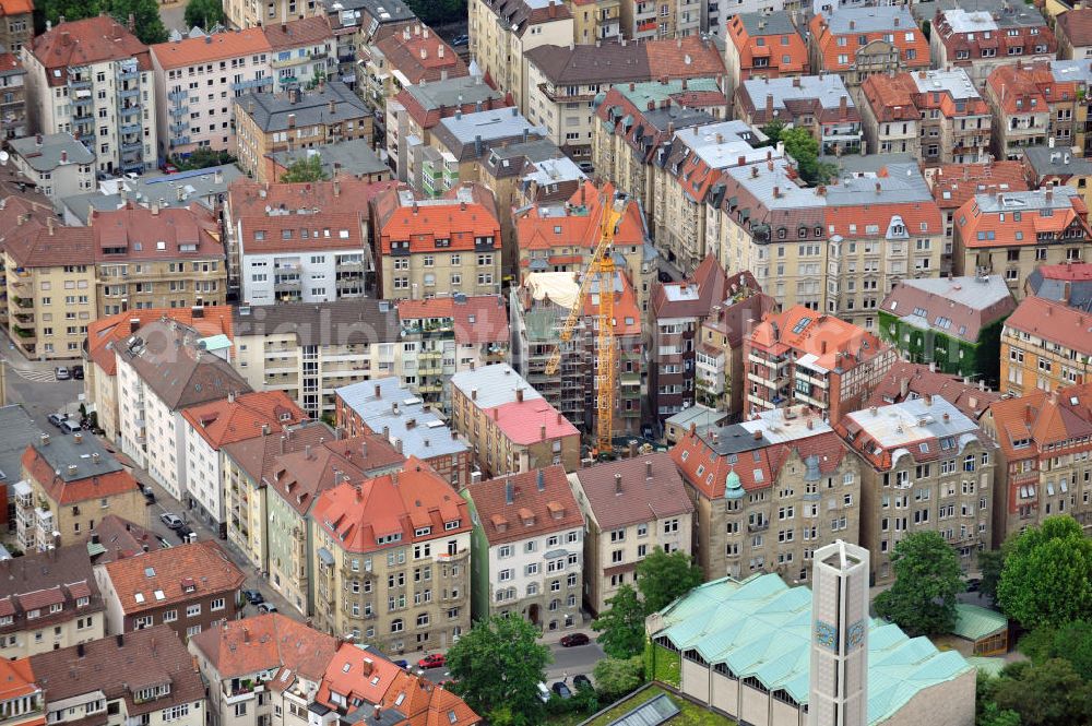 Aerial image Stuttgart - View of the city district West of Stuttgart. The Paulus Church was designed by Heinz Rall and Hanz Röper. The pavement light glass shows scenes from the Bible