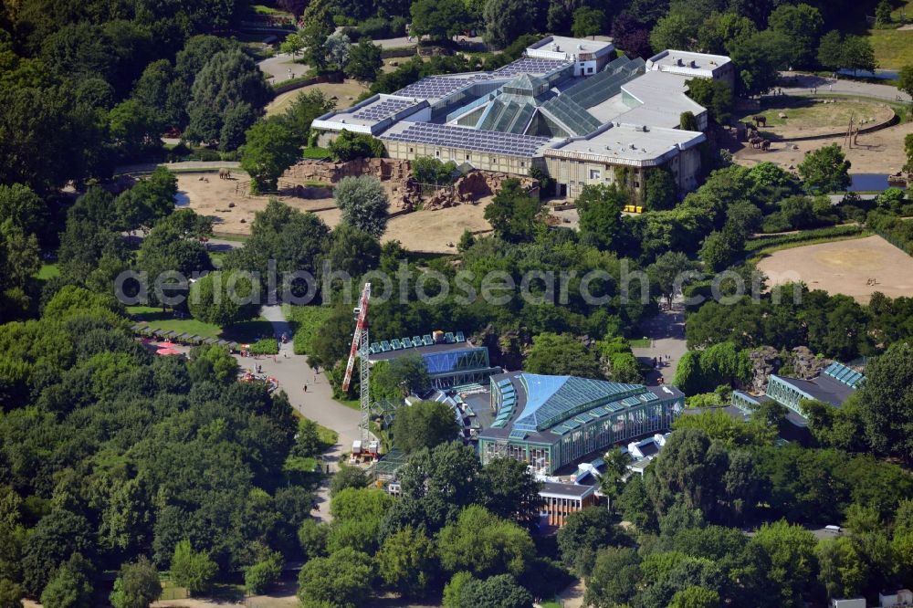 Berlin from above - The zoo Tierpark Berlin in the Friedrichsfelde part of the district of Lichtenberg in Berlin in the state of Brandenburg. The park is the biggest landscape zoological garden in Europe. View of the Alfred Brehm House in the foreground which includes a café and is a listed building. In the background is the big pachyderm building - the Elephant House - which is home to African and Asian elephants