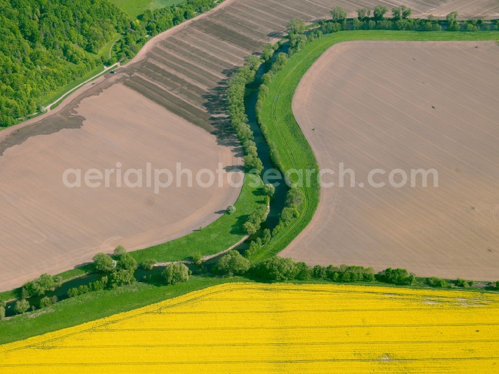 Dornburg from above - The run of the river Saale near Dornburg in the Saale Holzland district of the state of Thuringia. The river runs between fields and acres, dominated by the yellow rapeseed and canola fields