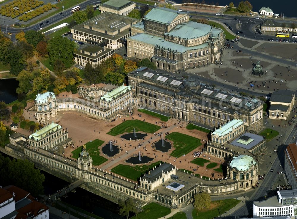 Aerial image Dresden - The Zwinger palace in Dresden in the state of Saxony. It is one of the important tourist sites of the city. It is a complete artwork consisting of architecture, painting and sculpture. The compound lies next to the Semper opera house in the inner city, the historic city centre of Dresden