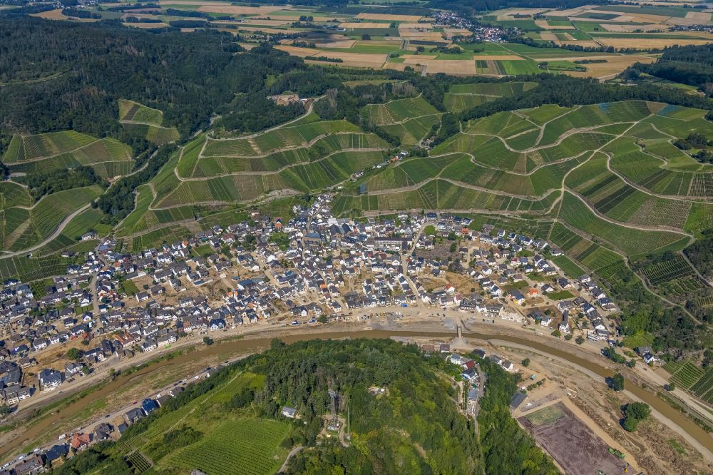 Dernau from the bird's eye view: Dernau after the flood disaster in the Ahr valley this year in the state Rhineland-Palatinate, Germany