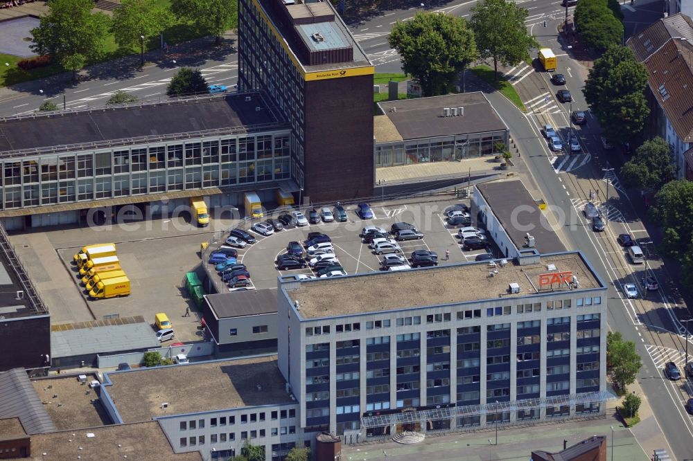 Bochum from above - Deutsche Post AG (mail), DAK (health & insurance) and ADAC (motoring) on Wittener Street in Bochum in the state of North Rhine-Westphalia. The compound is next to the main train station Bochum and includes a finance center of Deutsche Post, a representation of ADAC and a service centre of DAK