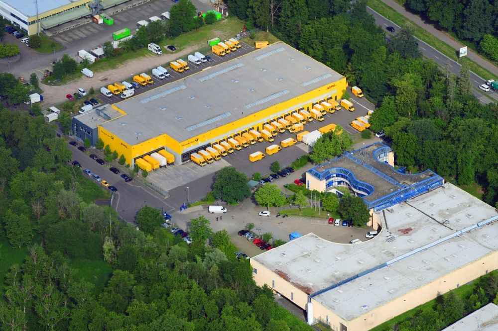 Aerial photograph Freiburg im Breisgau - Building complex and distribution center of DHL distributing warehouse and Medical Study Center of the University on Einsteinstrasse in Freiburg im Breisgau in the state Baden-Wuerttemberg, Germany