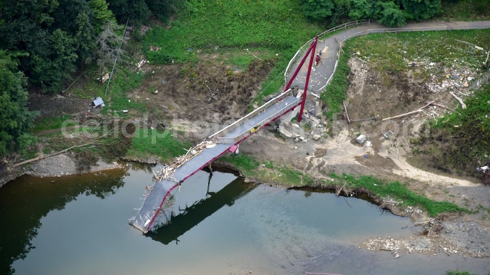 Mayschoß from above - The suspension bridge near Laach, which was destroyed due to the flood disaster this year in the state Rhineland-Palatinate, Germany
