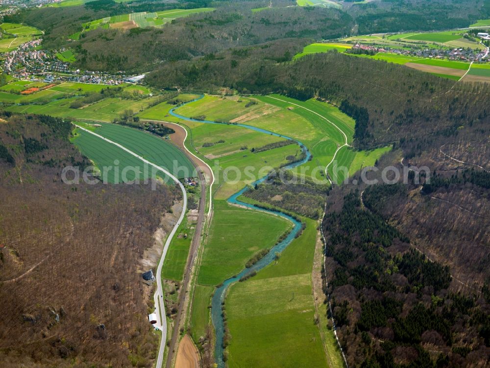 Aerial image Blaustein - The river Blau (blue) in the Arnegg part of the county of Blaustein in the state of Baden-Württemberg. The river is a 14,5 km long left sidearm of the Danube. It runs through the area of the district between fields and woods. The valley has some good sports climbing sites and is one of the most interesting climbing areas of the Swabian Alps