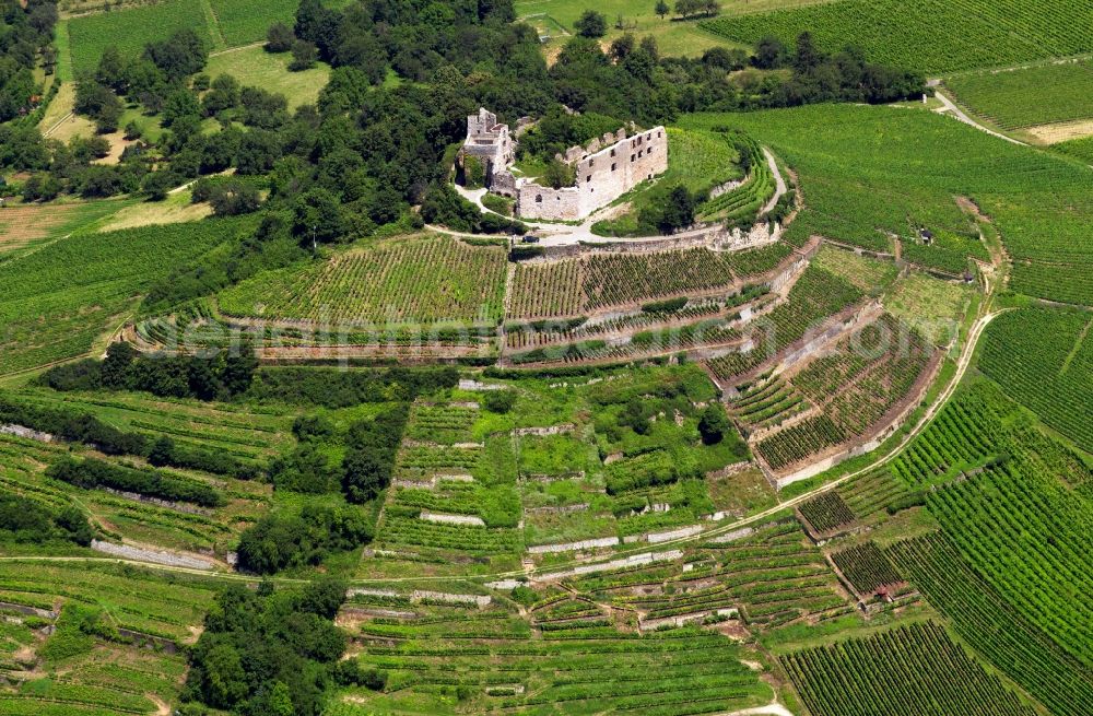 Aerial image Staufen im Breisgau - Fortress Staufen in the city of Staufen im Breisgau in the state of Baden-Württemberg. The remains are those of a castle built on a hill. The ruins were refurbished a number of times and consists of the castle's enclosing wall