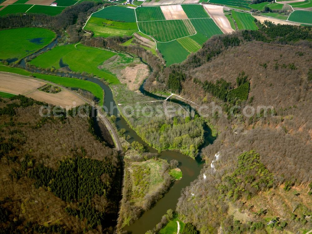 Aerial image Obermarchtal - The Danube in the county district of Obermarchtal in the Danube-Alb-Region in the state of Baden-Württemberg. The river runs here at the outerlimits of the Swabian Alb between hills and forests. After passing watergates and in main and side arms, the river runs South from here