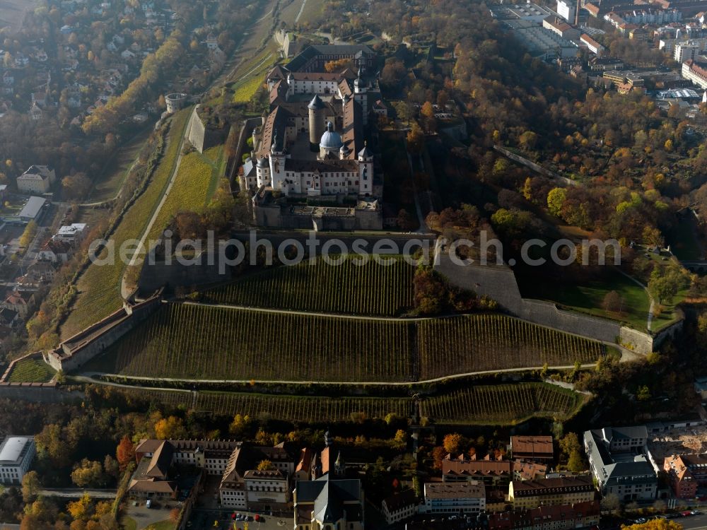 Würzburg from the bird's eye view: The fortress Marienberg in the university town of Würzburg in the state of Bavaria. The fortress was built on a hill on the left side of the river Main in 1200. It is one of the landmarks of the town with its three towers, the castle keep and different bastions and gates