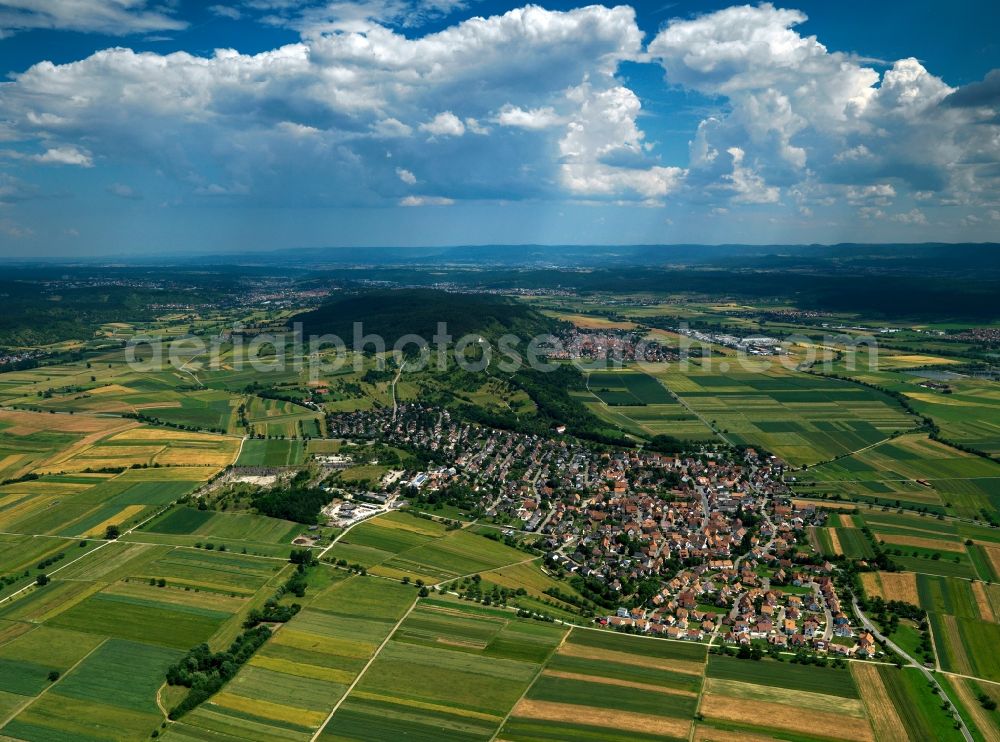 Aerial image Wurmlingen - The community and village of Wurmlingen in the state of Baden-Württemberg. Wurmlingen is characterised by forest, hills and fields. It is located in a broad valley of the Swabian Alp. Wurmlingen is located at the historic Roman street of Neckar-Alb-Aare and is important for the local tourism