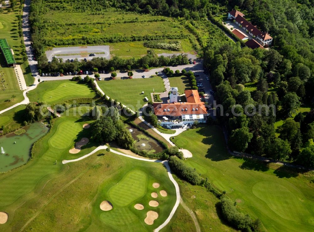 Schwieberdingen from above - The golf facility Schloss Nippenburg near Schwieperdingen in the state of Baden-Württemberg. The 90 ha former agricultural grounds is named after the castle closeby. The 18 hole course was the site of the German Open in the 1990s. View of the clubhouse
