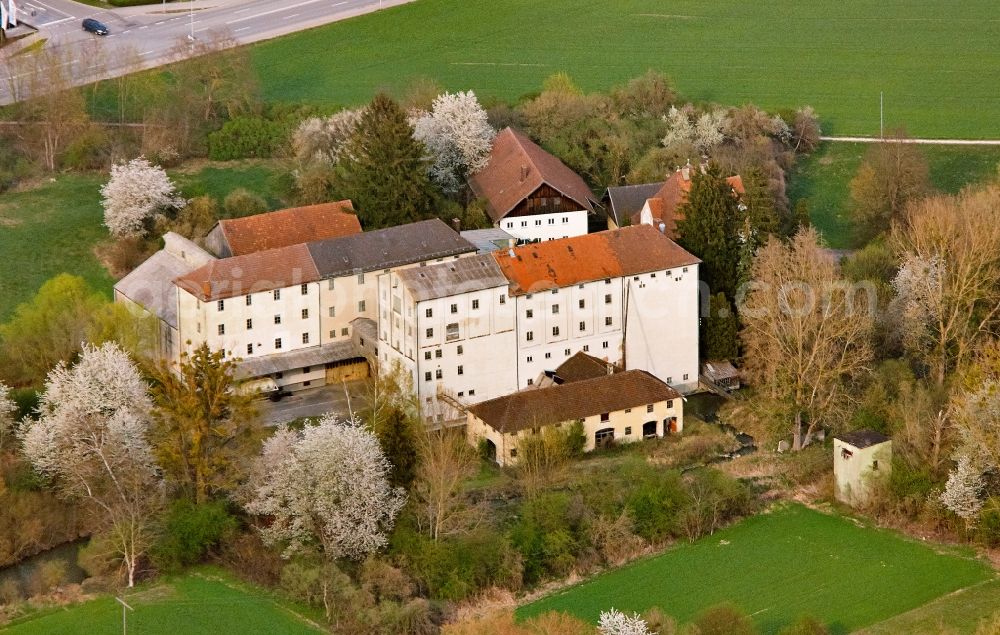 Dingolfing from above - The historic Goetz Miuehle also called Oberburgermuehle in Dingolfing in the state of Bavaria, Germany