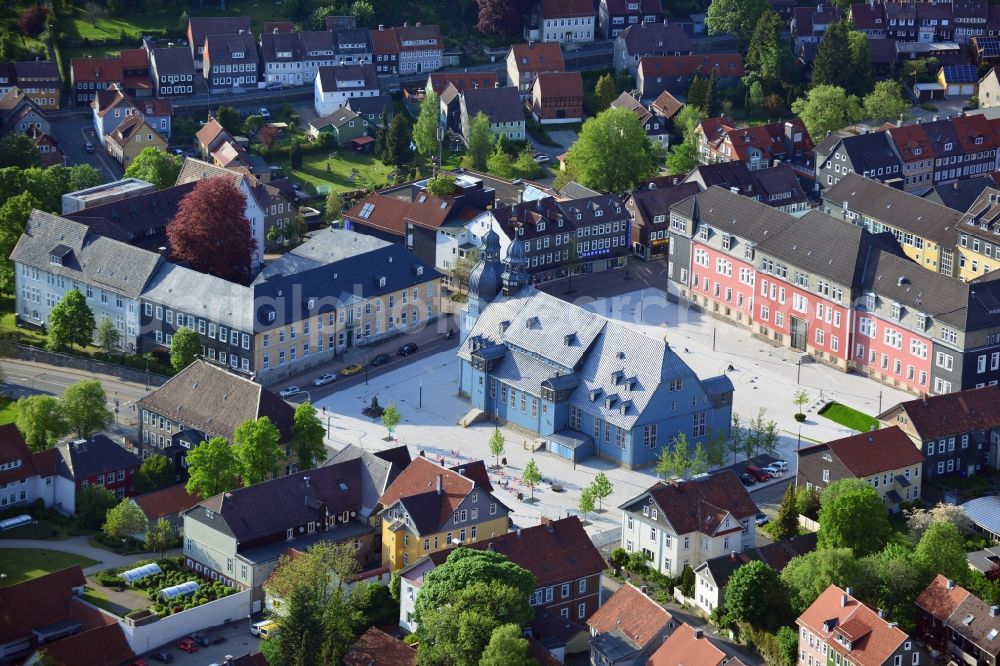 Aerial image Clausthal-Zellerfeld - In the downtown in the district Clausthal at Silberstraße corner Adolph-Roemer-street in the city Clausthal-Zellerfeld in the Harz in the state Lower Saxony, is the largest wooden church in Germany, because of its architecture to the most important historical monuments of the North German Baroque