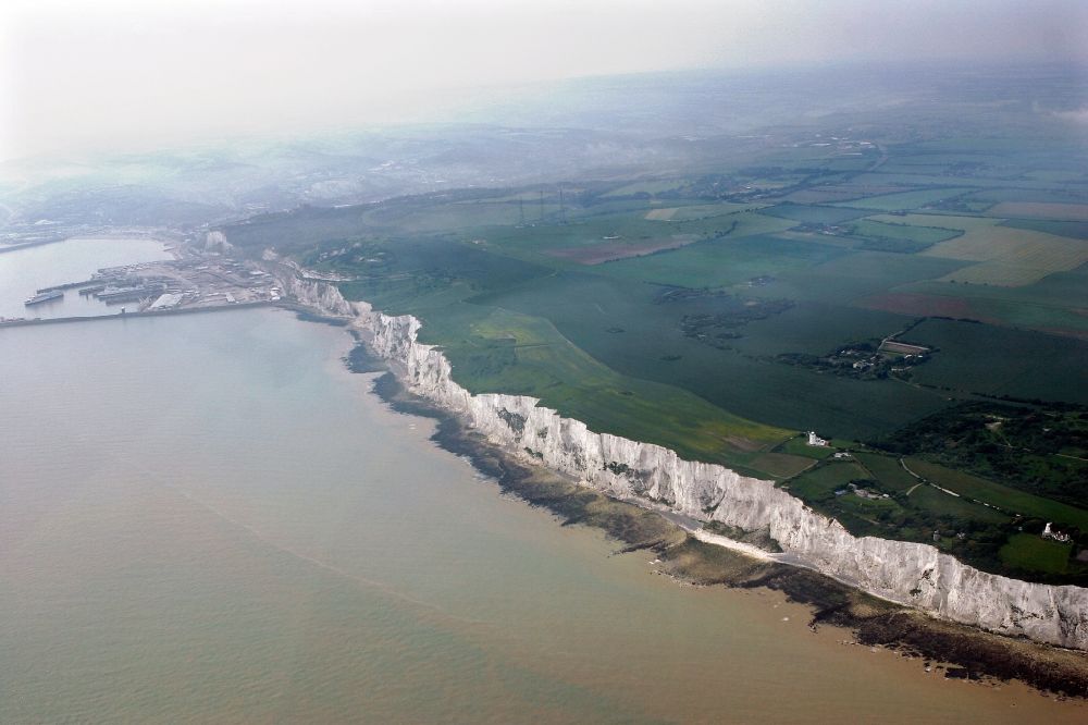 Aerial image Dover - The chalk cliffs at Dover in the county of Kent in England, United Kingdom, forming part of the British coastline here