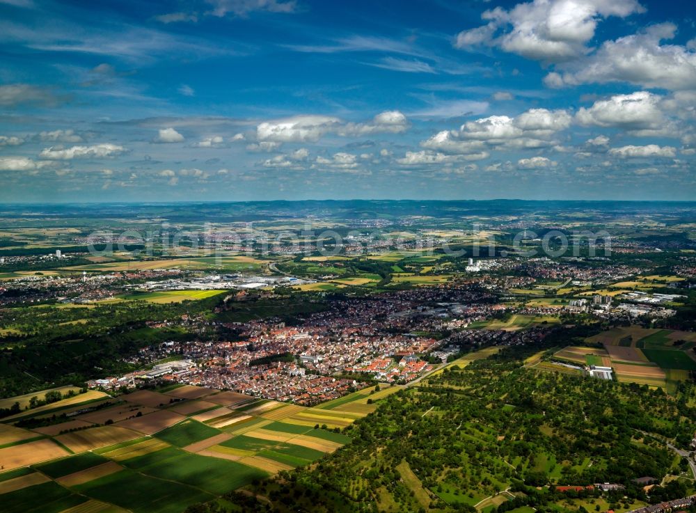 Asperg from above - The landscape surrounding Asperg in the state of Baden-Württemberg. Asperg is located in the Strohgäu and belongs to the county district of Ludwigsburg. The landscape is characterised by agriculture and fields. The town itself with its various parts is known for viniculture