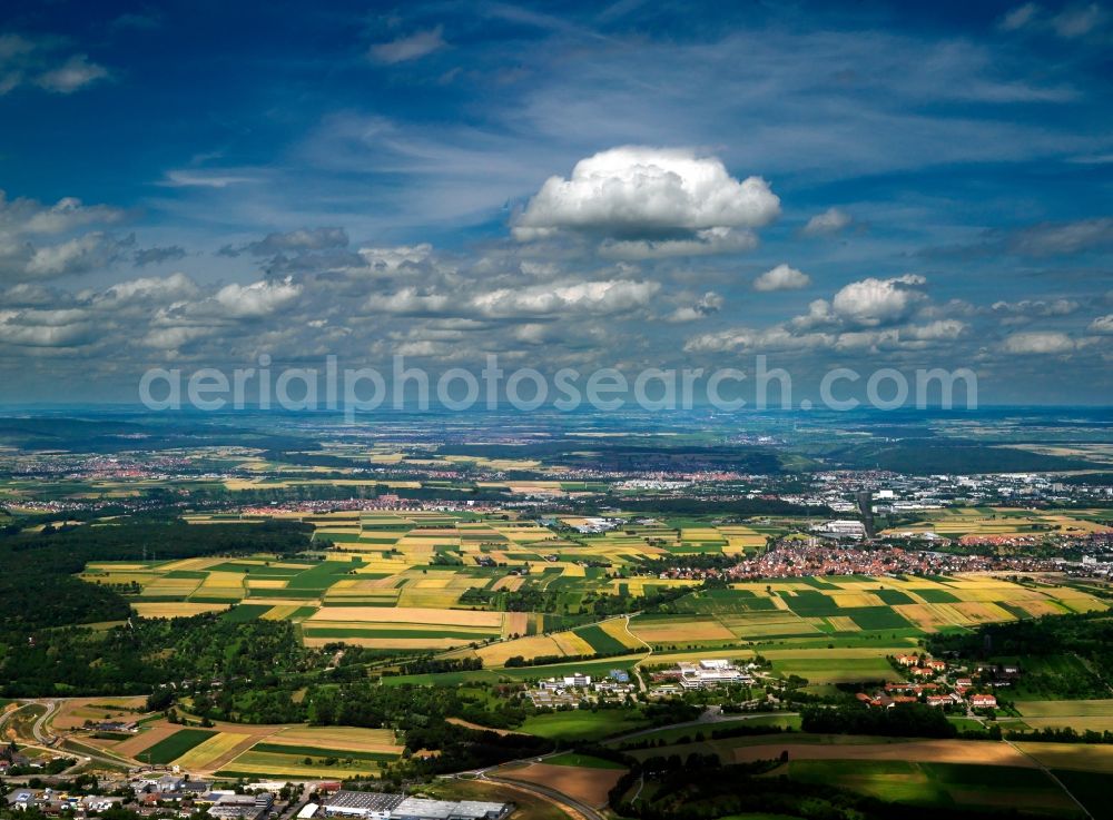 Aerial image Asperg - The landscape surrounding Asperg in the state of Baden-Württemberg. Asperg is located in the Strohgäu and belongs to the county district of Ludwigsburg. The landscape is characterised by agriculture and fields. The town itself with its various parts is known for viniculture