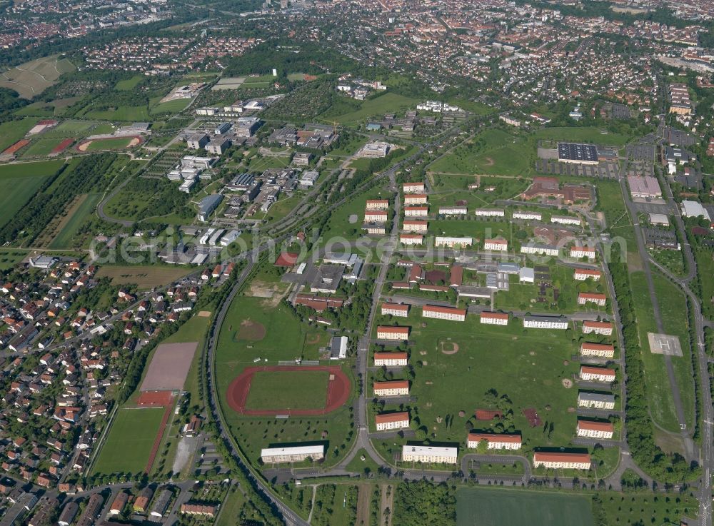 Würzburg from above - View of the site of the former U.S. barracks in the east of Würzburg, the Leighton Barracks. A part of the area is now used by the University