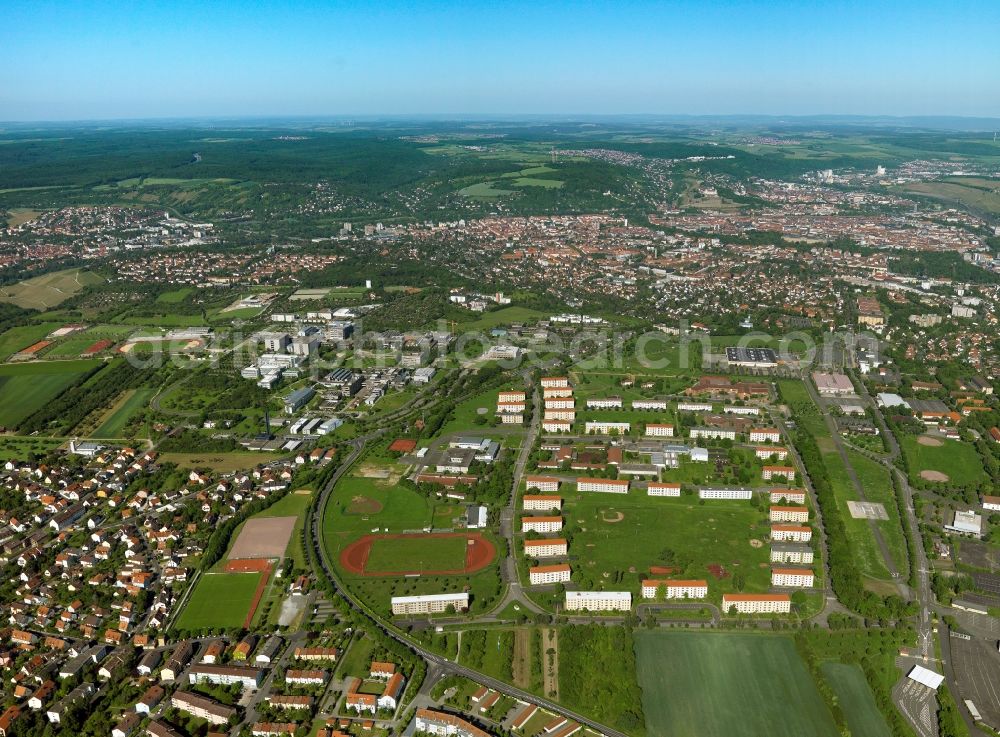 Würzburg from the bird's eye view: View of the site of the former U.S. barracks in the east of Würzburg, the Leighton Barracks. A part of the area is now used by the University
