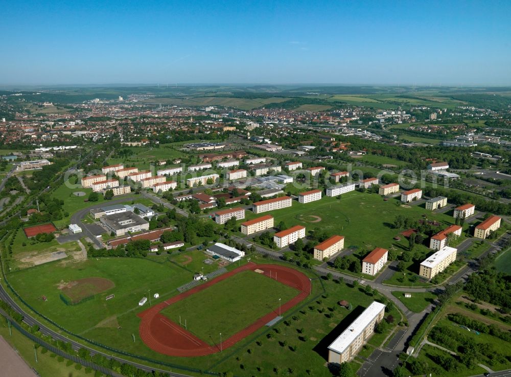 Würzburg from above - View of the site of the former U.S. barracks in the east of Würzburg, the Leighton Barracks. A part of the area is now used by the University