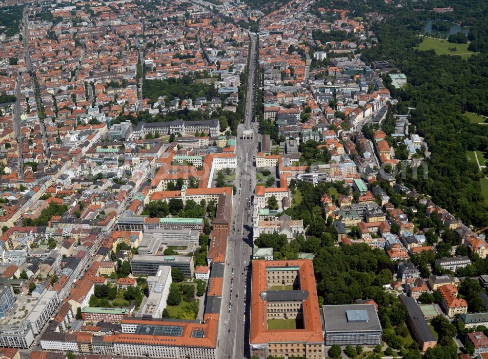Aerial image München - The Ludwigstraße street in Munich in the state of Bavaria. The street with its many historic buildings runs from the North towards the city center. The Siegestor, a triumph arc, is located in its middle part. Next to it is the Ludwig Maximilians University with several buildings amidst a residential area