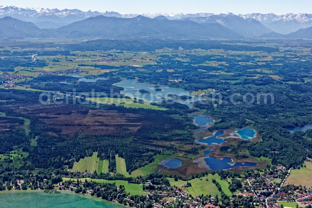 Iffeldorf from above - Waterfront landscape on the Osterseen lakes in Iffeldorf in the state Bavaria, Germany