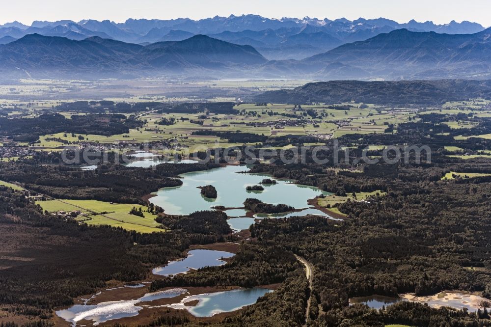 Seeshaupt from above - Waterfront landscape on the Osterseen lakes in Iffeldorf in the state Bavaria, Germany