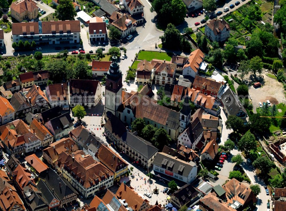 Haslach im Kinzigtal from above - The parish church was built in 1607. A new building in the Baroque style erfoglte to the 1700th In 1723 she was ordained. The church is located in the city center and is surrounded residential and half-timbered houses