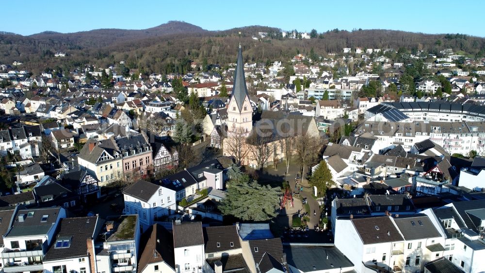 Bad Honnef from above - The parish church of St. Johann Baptist in Bad Honnef in the state North Rhine-Westphalia, Germany
