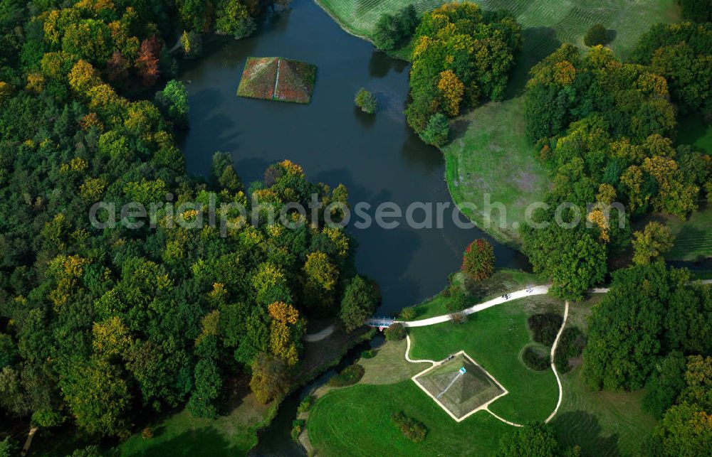 Cottbus from above - The park of Branitz in Cottbus is a landscape park, which was owned by the family of Count of Pückler. Its arrangement started in 1845. Later the pyramid platform was used as the Count's burial place