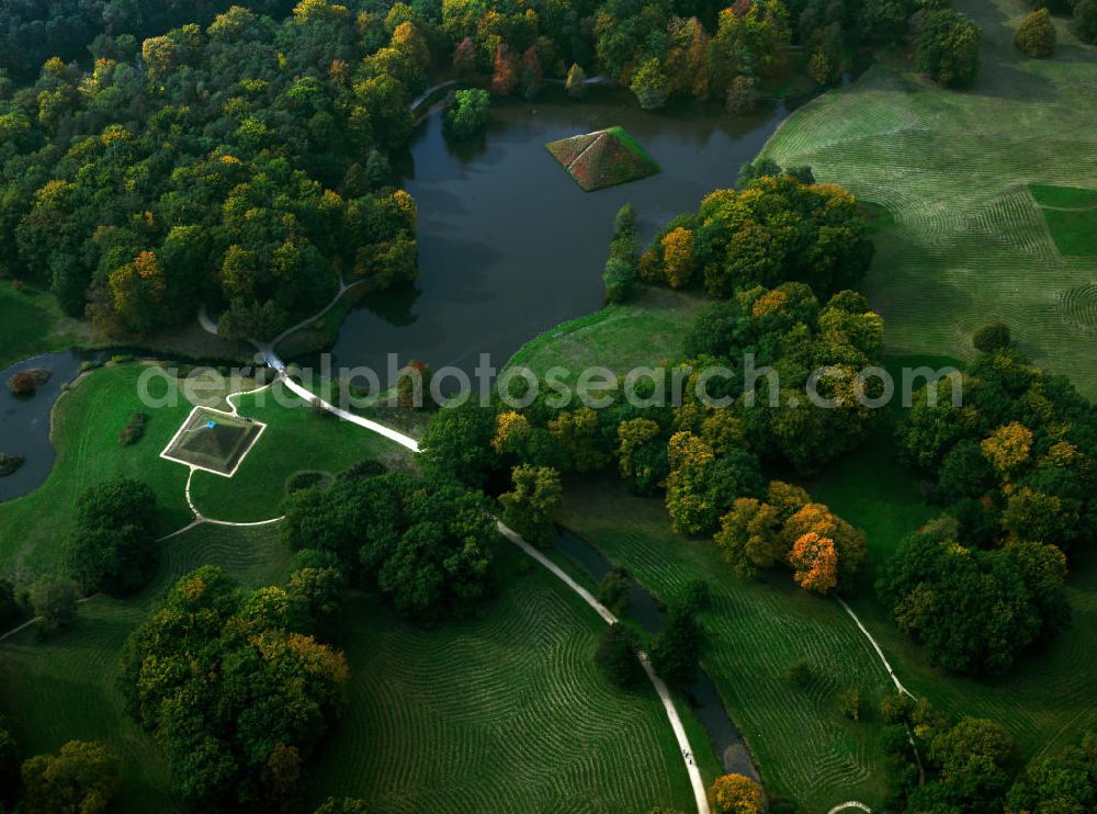 Cottbus from above - The park of Branitz in Cottbus is a landscape park, which was owned by the family of Count of Pückler. Its arrangement started in 1845. Later the pyramid platform was used as the Count's burial place