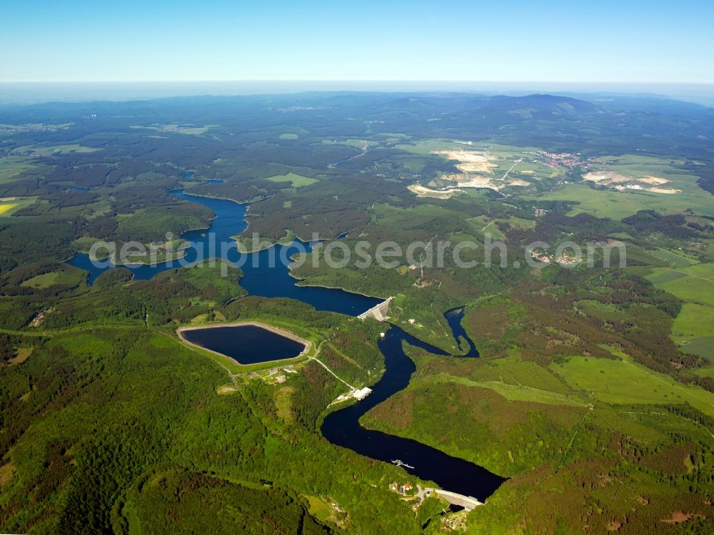 Aerial image Oberharz am Brocken - The Rappbode Valley Barrier and barrier lake in the county district of Harz in the state of Saxony-Anhalt. The valley lock consists of a water works, water power plants and barrier lake. The main dam is the highest in Germany and blocks the rivers Rappbode and Hassel. Various smaller pools and valley locks create the water barrage system of Rappbode. Visible are the various locks and dams as well as the surrounding forest of Ostharz