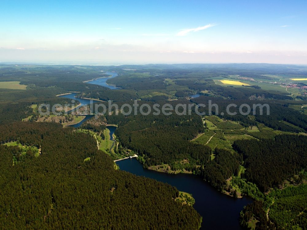 Aerial photograph Oberharz am Brocken - The Rappbode Valley Barrier and barrier lake in the county district of Harz in the state of Saxony-Anhalt. The valley lock consists of a water works, water power plants and barrier lake. The main dam is the highest in Germany and blocks the rivers Rappbode and Hassel. Various smaller pools and valley locks create the water barrage system of Rappbode. Visible are the various locks and dams as well as the surrounding forest of Ostharz