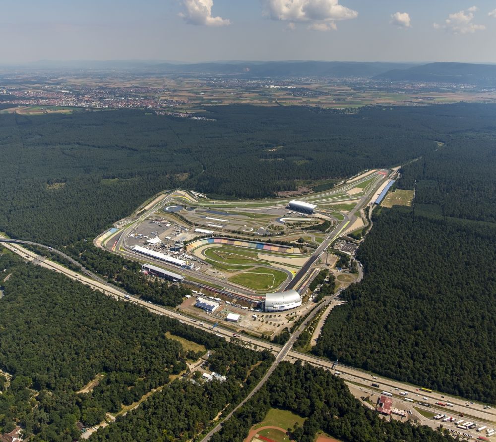 Hockenheim from the bird's eye view: View of the Hockenheim racetrack in Baden-Wuerttemberg, which was also called Kurpfalzring. The first original track was built in 1932. In 1970, the Formula 1 took place for the first time. In 2002, the track was renovated and simultaneously shortened. The ring is also used for events and is operated by the Hockenheim-Ring GmbH